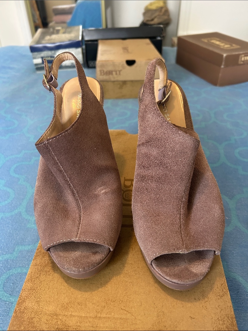 Stuart Weitzman Brown Suede Peep-Toe Slingback Wedge Sandals